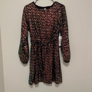 SilkFred: Long Sleeves Mini Sequin Dress with Elasticated Waist & Belt